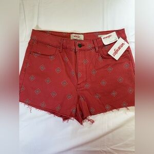 Wrangler Red Denim Bandanna Patterned High-Rise Cutoff Shorts. Frayed hem